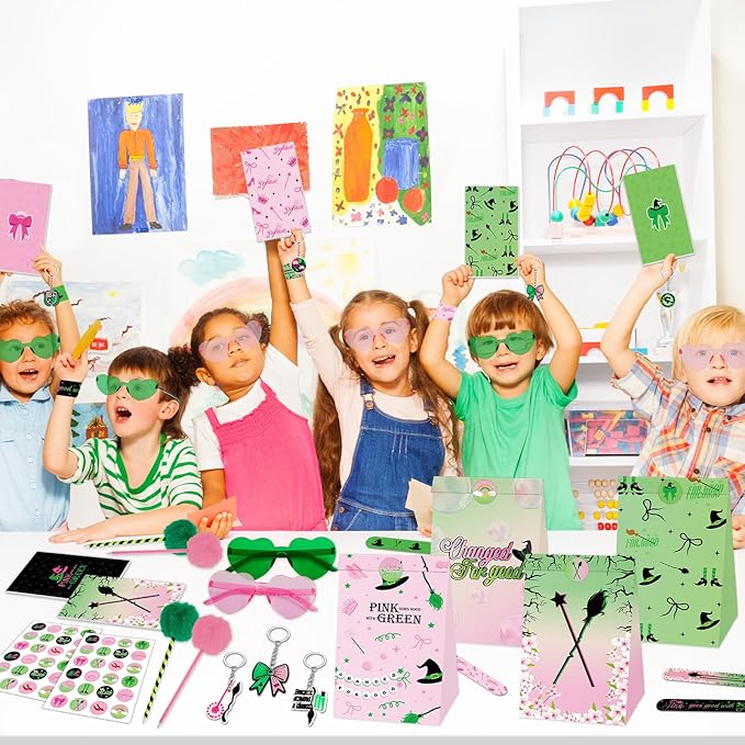 84pcs Pink and Green Witch Party Favors Birthday Decorations Pens Notepads Sunglasses Paper Gift Bag Key Chains Slap Bracelet Sticker Halloween Themed Party Supplies for Kids Student Gift School Party