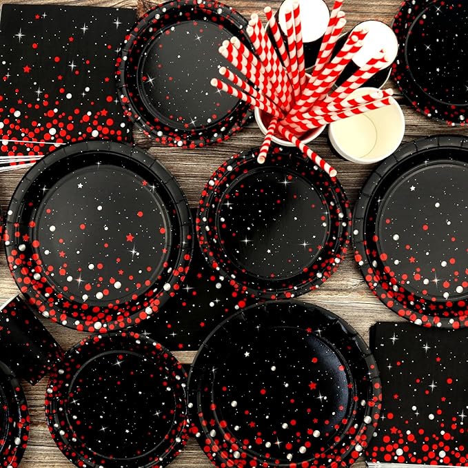KEFAN Red Black Birthday Party Decorations, Red Black Theme Party Tableware Supplies including Plates, Cups, Napkins, Tablecloth (40)