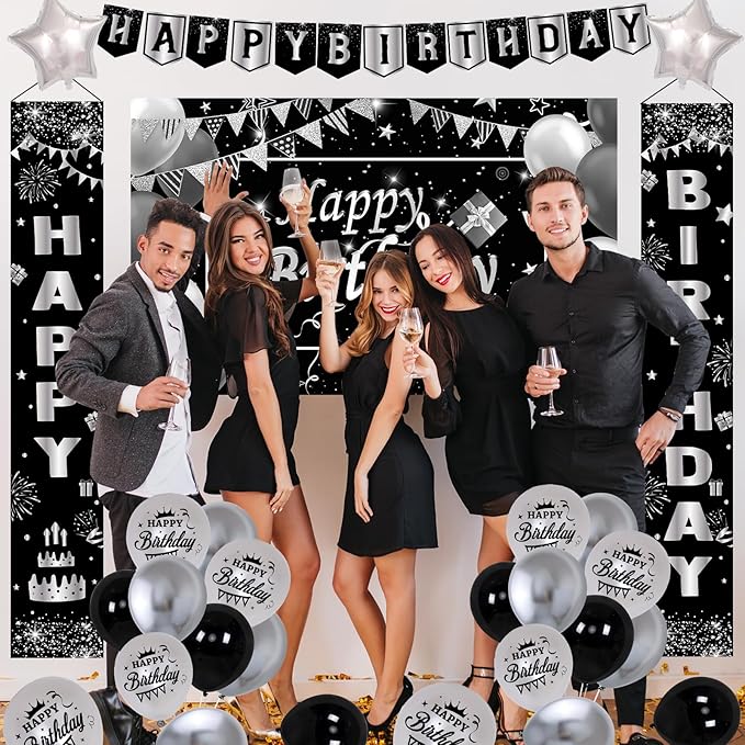 Black Birthday Decorations for Men Women, Black and Silver Party Decorations Boys Girls with Black Happy Birthday Banner Tablecloth Backdrop Porch Sign Door Decorations, Black Bady Party Supplies