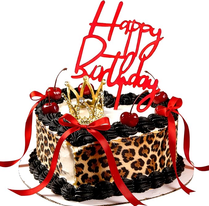Cheetah Cherry Cake Topper Leopard Birthday Party Decor Red Bows Gold Crown Cake Decorations Cheetah and Cherry Birthday Bachelorette Party Supplies