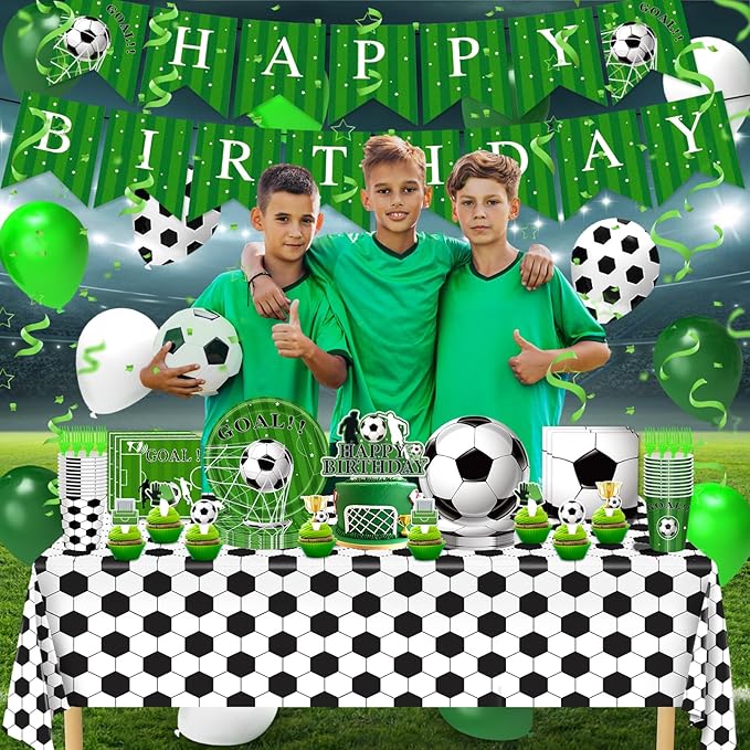 Soccer Party Decorations, 143Pcs Soccer Birthday Party Supplies-Serves 24 with Plates and Napkins Tablecloth and Birthday Banner Balloons for Soccers Sports Theme Birthdays Decorations