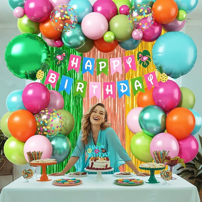 Hawaiian Tropical Birthday Party Decorations, Summer Luau Party Decoration Flamingo Birthday Banner Hot Pink Orange Teal Blue Green Metallic Balloons Cake Topper for Beach Baby Shower Aloha Supplies