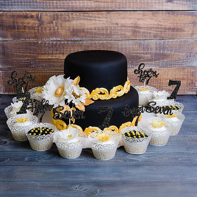 30Pcs 7th Birthday Cupcake Toppers Glitter Seven Happy 7 Cupcake Picks Cheers to 7 Years Old Cake Decorations for 7th Birthday Party Supplies Black