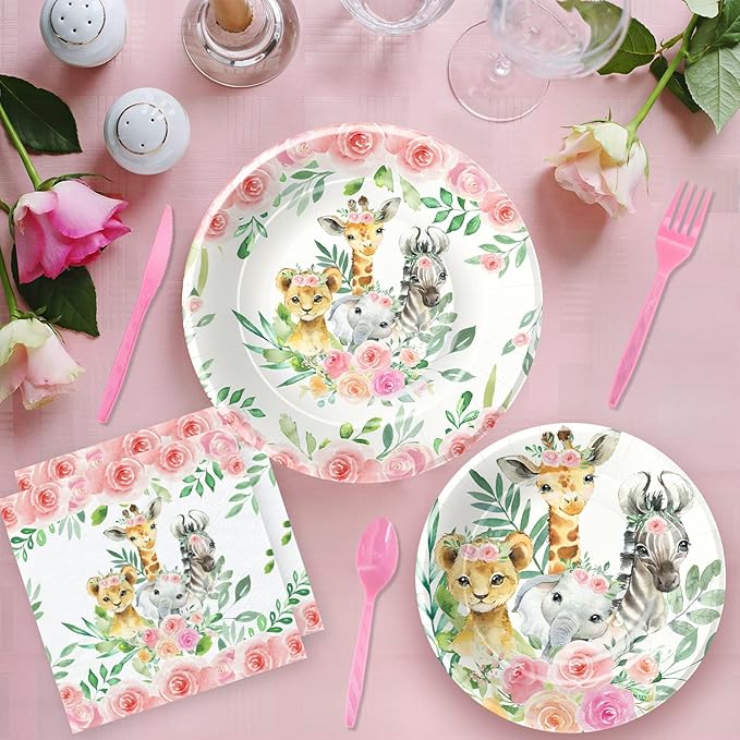 Safari Birthday Decorations Tableware Girl, Jungle Theme Party Supplies, Plate, Cup, Napkin, Tablecloth, Cutlery, Straw, Safari Jungle Animal Birthday Baby Shower Party Decorations | Serve 24