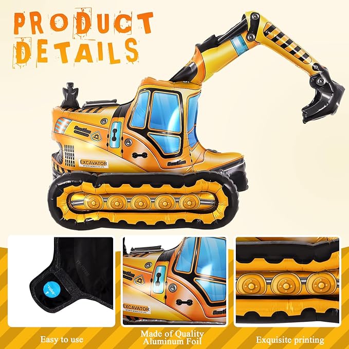 Self Standing 4D Foil Construction Balloon,Large Excavator Balloon, Digger Engineering Vehicle Balloon for Kids,Construction Birthday Party Supplies for Construction Theme Party Decoration