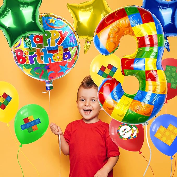 40 Inch Building Block Number Balloon, Colorful Number Block Foil Number 3 Balloons Large Big Numbers Helium Balloon for Girls Boys 1th Birthday Brick Theme Party Decorations (Number 3)