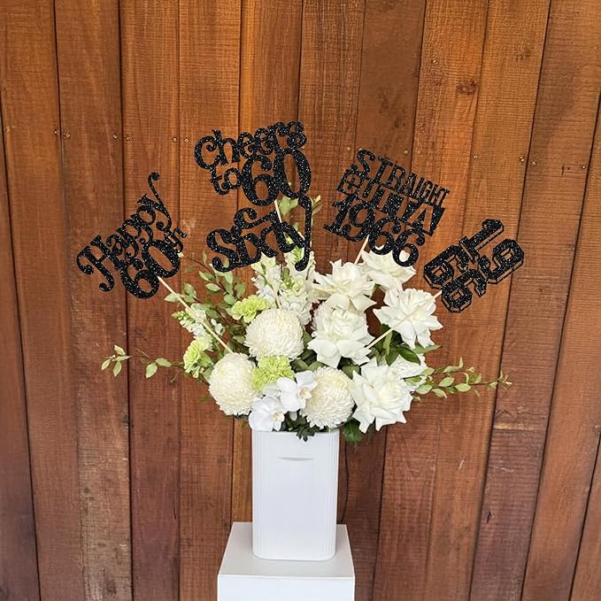 Gyufise 15Pcs Happy 60th Birthday Centerpiece Sticks Sixty Straight Outta 1966 Table Flower Centerpieces Sticks Cheers to 60 Decorations for 60th Birthday Party Supplies Black