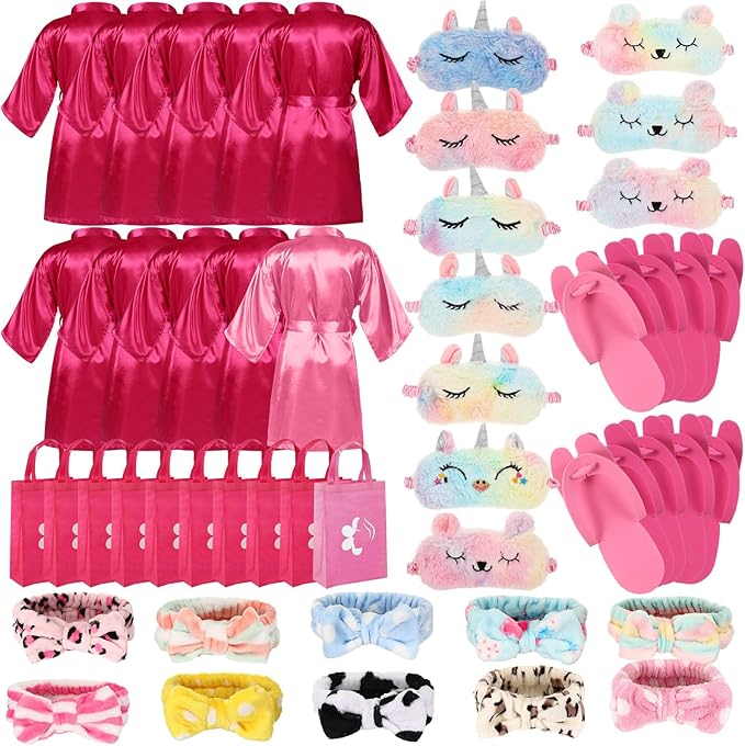 Bonuci 50 Pcs Spa Party Supplies for Girls, 10 Satin Robe 10 Kids Slippers Sleepover Birthday Spa Party Favors