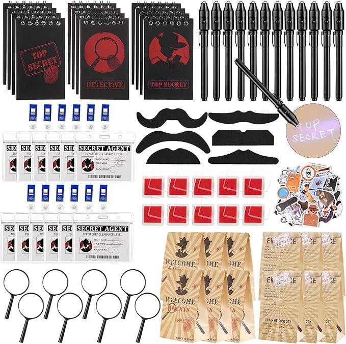 Vanblue 134Pcs Detective Party Favors Spy Kit Escape Room Birthday Party Decorations Supplies Magnifying Glass Gift for Kids Treat Bags Stuffers Pinata Filler Classroom Prizes