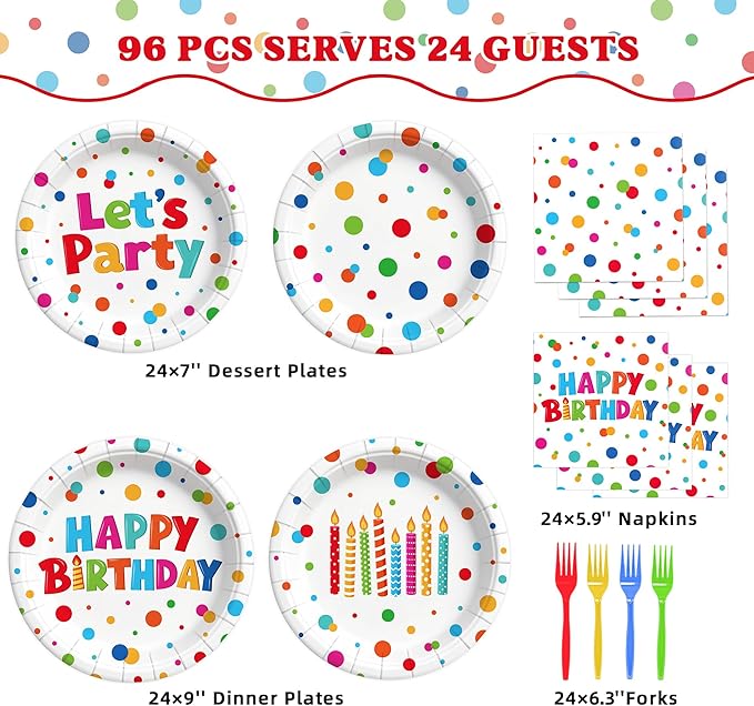 96 Pcs Happy Birthday Paper Plates Tableware Set (Serves 24), Birthday Dots Dots Design Supplies Set Include Plates Napkins Forks for Party