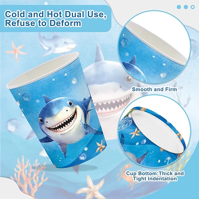 136PCS Shark Party Supplies for Boy Under The Sea Paper Plates and Napkins Banner Spiral Cake Toppers Hanging Swirls Birthday Table Decorations for 20 Guests