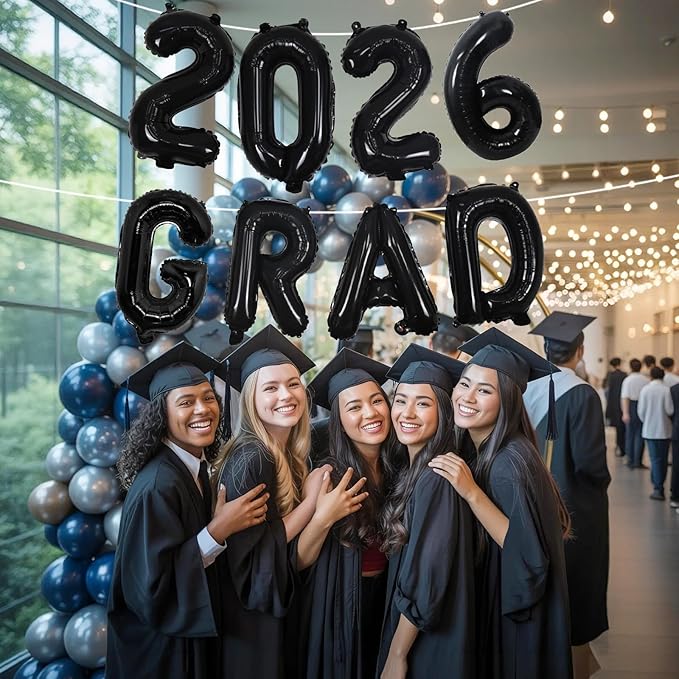 Black 2026 Congrats Balloons, 16 Inch Matte Black 2026 GRAD Foil Balloons Banner Sign for Graduation Decorations 2026, College High School Class of 2026 Graduate Congratulations Party Decor Supplies