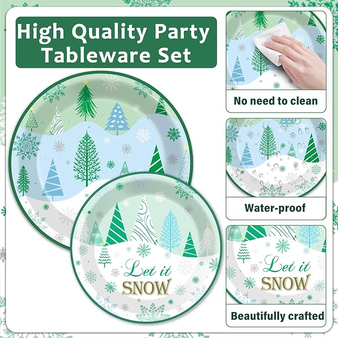96Pcs Christmas Winter Forest Party Supplies Winter Wonderland Paper Plates and Napkins Snowflake Tree Disposable Party Tableware Set Xmas Dinnerware for Holiday Dessert Birthday Decoration Serve 24
