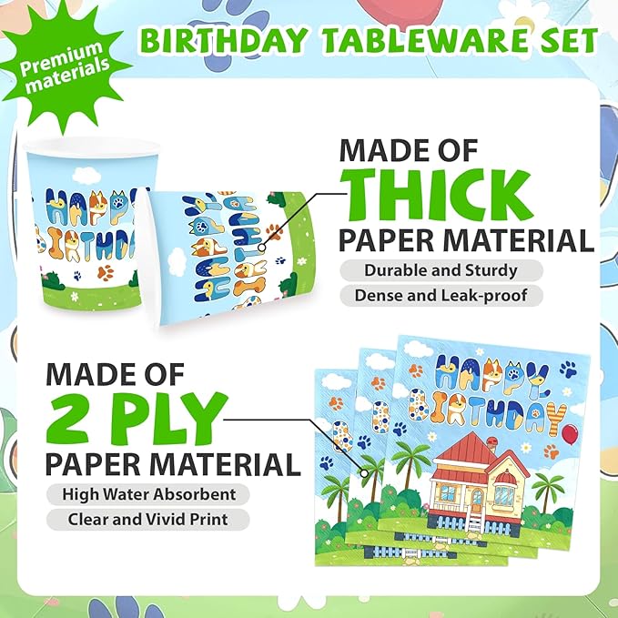 168 Pcs Blue Dog Birthday Party Decorations Blue Birthday Girl Plates and Napkins Dog Tableware Set for Spring Boys Girls themed Birthdays Baby Shower Party Supplies, Serves 24