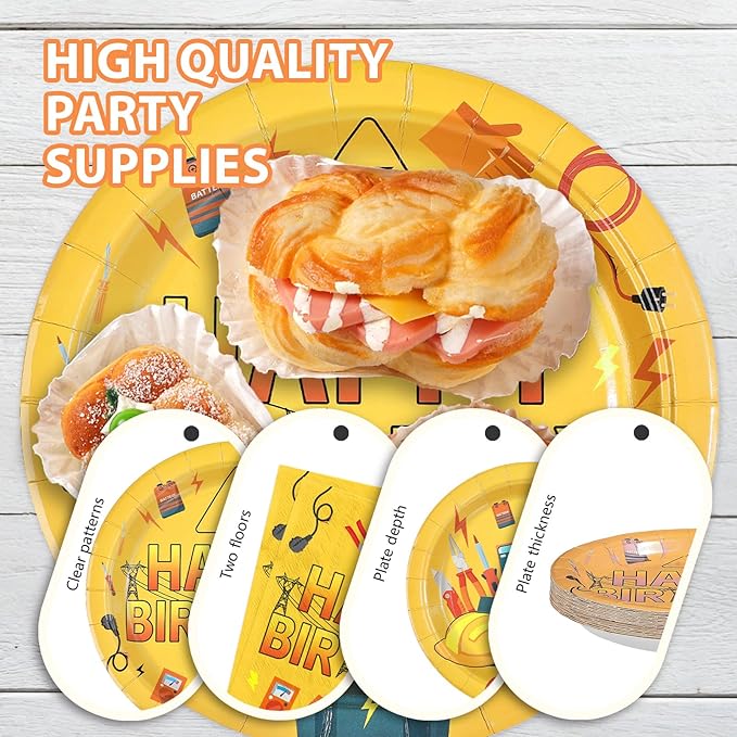 96Pcs Electrician Birthday Party Decorations Power Electrician Lineman Plates and Napkins Tableware Set Wire Gloves Bulb Switch Theme Decor for Boys Man Construction Birthday Party Supplies Serves 24