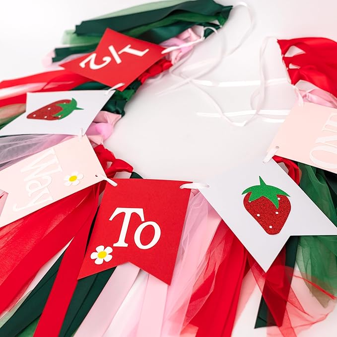 Strawberry 1/2 Way To One High Chair Banner - 6 Months Birthday Party Decorations, Berry Sweet Girl Half Birthday Party Supplies High Chair Banner, Strawberry Sign Baby Shower Party Garland
