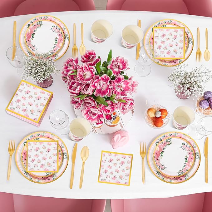 350 Pcs Floral Party Supplies Tableware Set Disposable 9'' 7'' Paper Plates 9 oz Cups Cutlery Napkins Dinnerware for Baby Shower Bridal Wedding 1st Birthday, Serve 50 (Floral, Rose Gold)