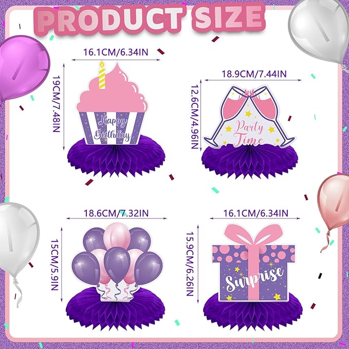Yexiya 8 Pcs Pink and Purple Birthday Centerpiece Table Decoration, Happy Birthday Honeycomb Centerpieces Honeycomb Table Toppers for Men Women Party Supplies