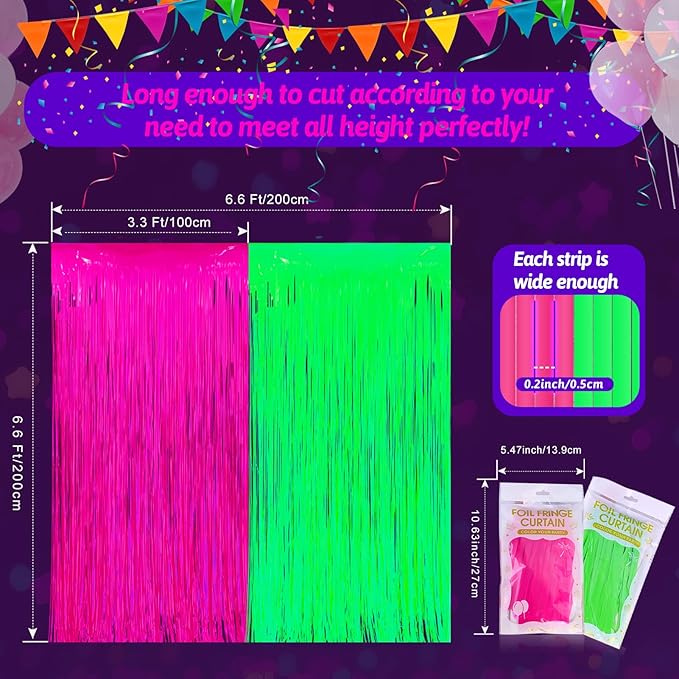 Glow in The Dark Party Supplies 2 Pack Neon Party Decorations Fluorescent Tinsel Foil Fringe Curtains Photo Booth Prop Backdrop Streamer Blacklight Decorations (Neon Hot Pink+Neon Green)