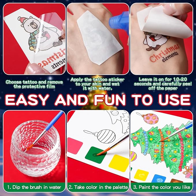 Christmas Party Favors for Kids, 120Pcs Water Coloring Books & 320Pcs Temporary Tattoos Bulk for Goodie Bags Stocking Stuffers Classroom Prizes Christmas Crafts Gifts for Kids Party Supplies