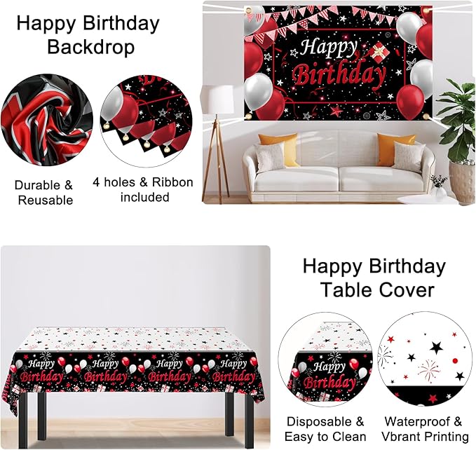 Red Birthday Decorations for Men Women Boys Girls, 75 PCS Red and Black Party Decorations Happy Birthday Backdrop Banner Party Supplies Confetti Star White and Black Balloons Arch Tablecloth