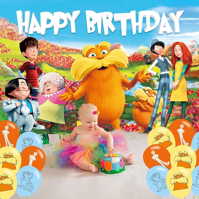 Cartoon Loraxs Birthday Party Decoration,Cartoon Party Photo Background 5 x 3 FT and 18 Pcs Balloon,Merch Party Backdrop Supplies