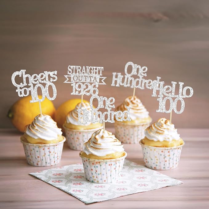 Ephlyn 24Pcs Happy 100th Birthday Cupcake Toppers Glitter Straight Outta 1926 Cupcake Picks Hello 100 Cheers to 100 Years Birthday Cake Decorations for 100th Birthday Anniversary Party Supplies Silver