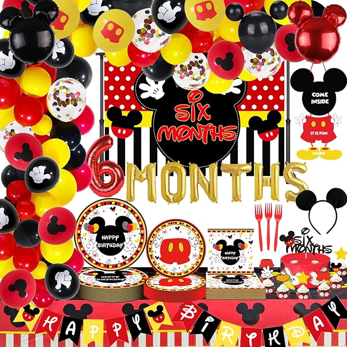 188 Pcs Red Half Birthday Party Decorations, Boys 6 Months Balloons Arch Garland Kit, Red Cartoon Boys 1/2 Bday Backdrop, TableCloth, Tableware for Boy 1/2 Half Year Baby Shower Party Supplies Favors