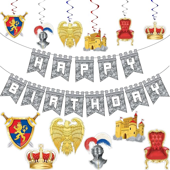 25 Pieces Medieval Birthday Banner Castle Party Supplies Knight Birthday Decorations Medieval Whirls Hanging Decorations Stone Wall Shield Armour Shield for Party Supplies