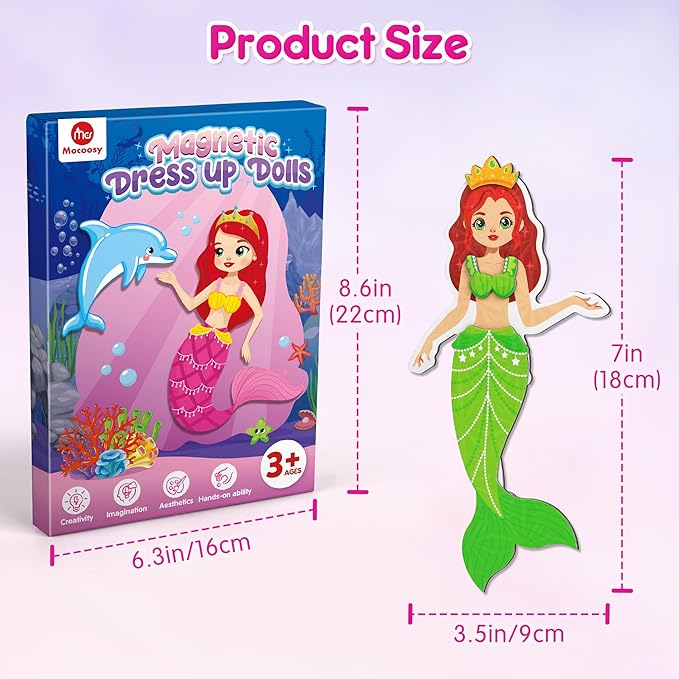 Mocoosy Magnetic Dress Up Dolls for Girls, Princess Mermaid Fairy Ballerina Magnet Doll Dress Up Kit, Travel Game Airplane Car Road Trip Activities Toy Birthday Easter Gift Toddler Girl Age 3 4 5 6 7