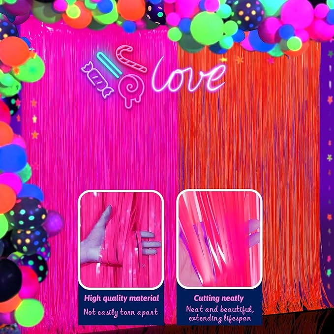 Glow in The Dark Party Supplies 2 Pack Neon Party Decorations Fluorescent Tinsel Foil Fringe Curtains Photo Booth Prop Backdrop Streamer Blacklight Decorations (Neon Hot Pink+Neon Orange)