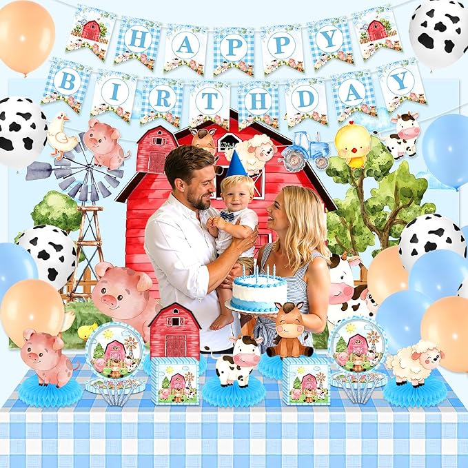 Blue Farm Animals Birthday Party Supplies for Boys Tableware Set Decorations Includes Backdrop Balloons Plates Napkins Forks Banner Honeycomb Centerpieces Tractor Baby Shower Decor