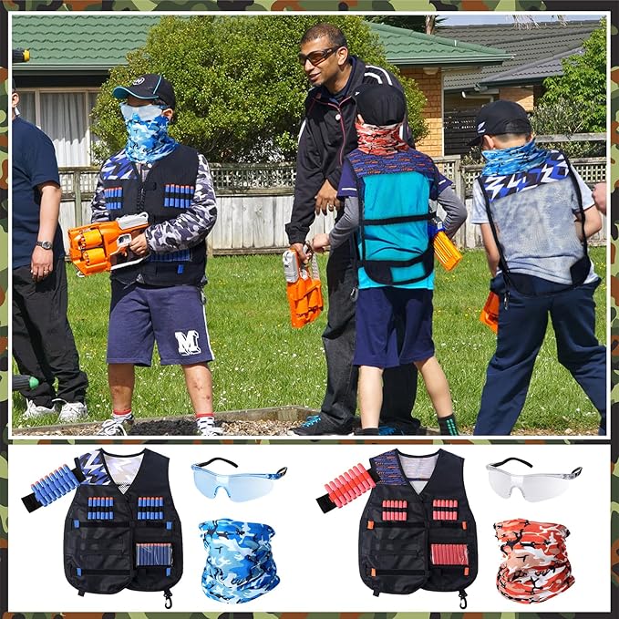 Sosation 8 Sets Kids Tactical Vest Compatible with Nerf Party Favor Accessories, Face Mask Wrist Ammo Holder Toy Gift Supplies Boys (Orange and Blue)