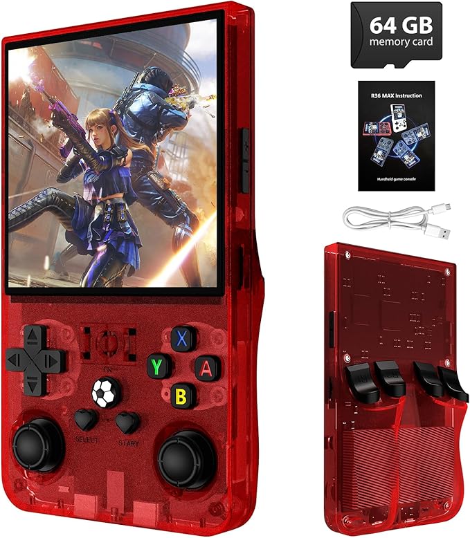 R36MAX Retro Handheld Game Console, Retro Gaming Console 4.0 Inch IPS Screen, Linux System Built-in 64GB Memory, Mini Retro Video Console-Transparent red