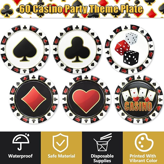 60 Pcs Casino Paper Plates, 9'' Poker Dice Print Plates for Casino Theme Party Decorations Las Vegas Party Decorations Game Night