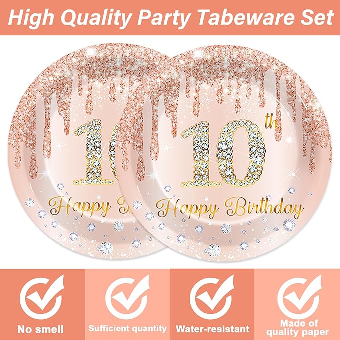 50Pcs Rose Gold 10th Birthday Party Paper Plates and Napkins Girls 7 Inch Rose Gold 10 years Old Table Decorations Happy Ten Years Old Tableware Set Serves 25 Guest Pink 10th Birthday Party Supplies