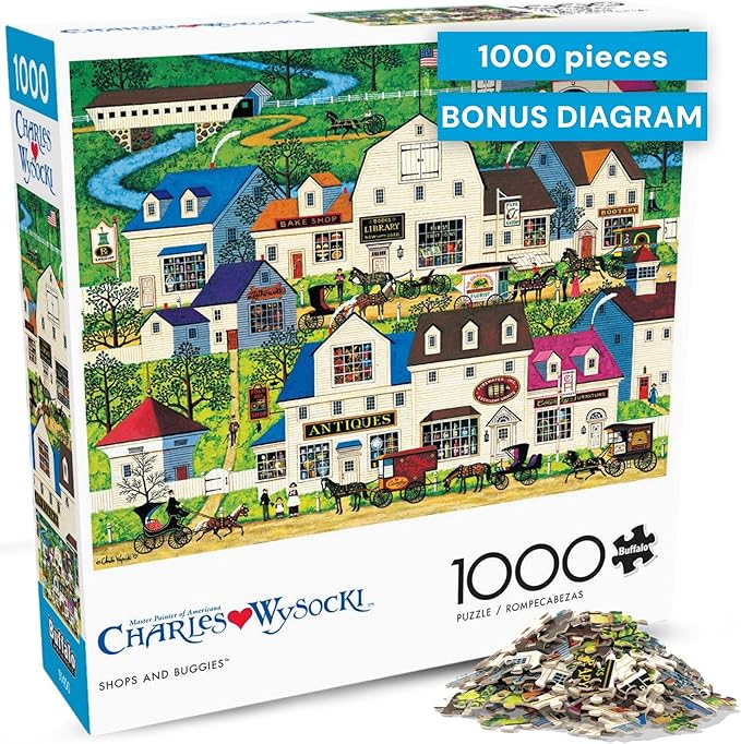 Buffalo Games - 1000 Piece Jigsaw Puzzle Charles Wysocki Shops and Buggies, Made in USA, Premium Recycled Board, Reference Diagram, Giftable