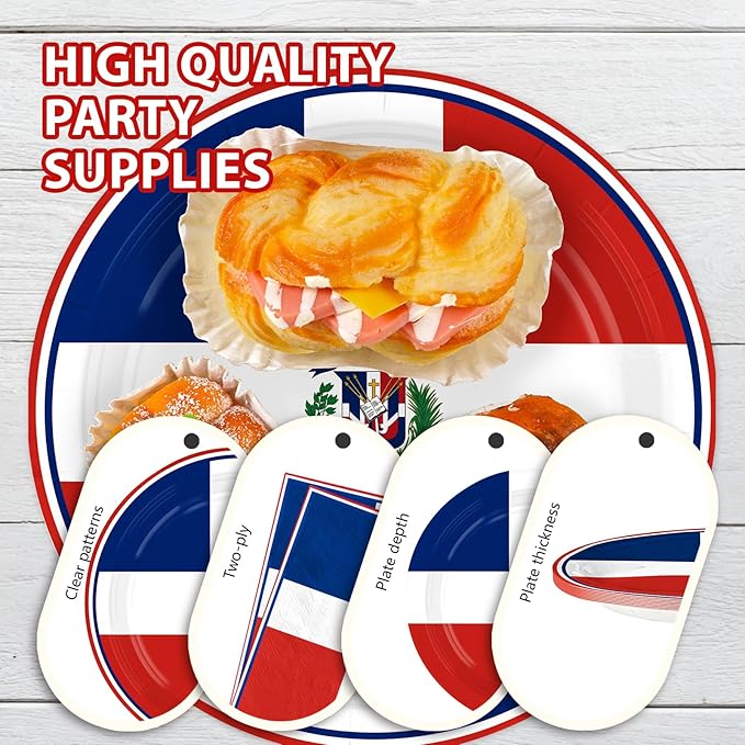96Pcs Dominican Republic Flag Party Decorations Dominican National Plates and Napkins Red White and Blue Flag Tableware Set for Patriotic Country Festival Party Supplies Serves 24