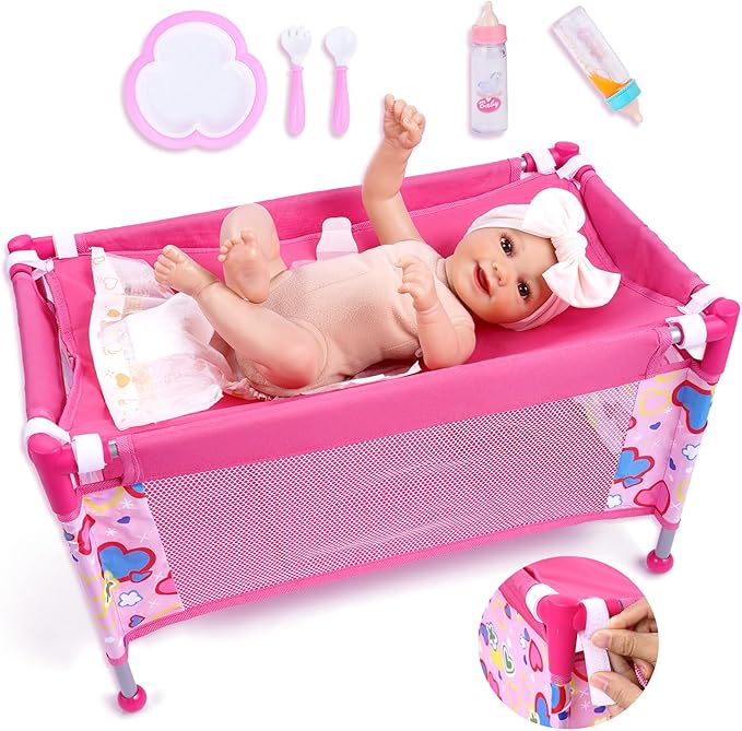 BABESIDE 7PCS Baby Doll Crib for 18'' Dolls, Baby Doll Bed with Storage Bag and Feeding Care Accessories Set , Doll Crib Doll Furniture for Girls Age 3+,Pretend Play Toy Gift for Kids Age 3+