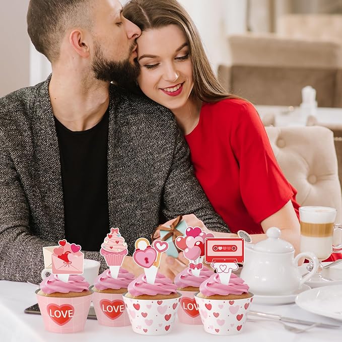 48 Pcs Valentines Cupcake Toppers and Heart Wrappers Love Cupcake Decorations for Valentine's Day Theme Wedding Birthday Party Supplies