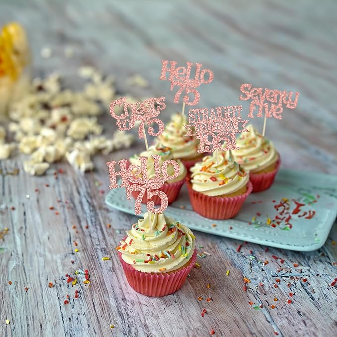 Ephlyn 24Pcs 75th Birthday Cupcake Toppers Glitter Straight Outta 1951 Cupcake Picks Hello 75 Cheers to 75 Years Cake Decorations for 75th Birthday Anniversary Party Decorations Supplies Rose Gold