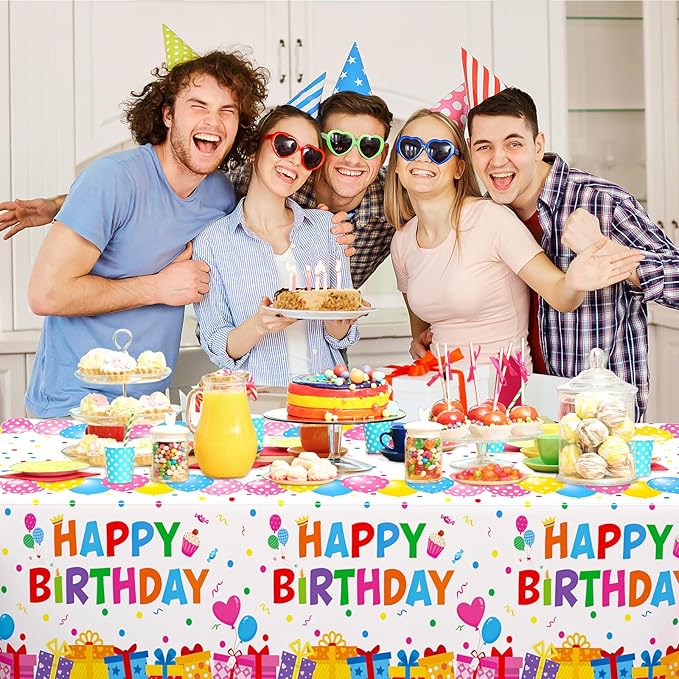 WNINK 3 Pack Happy Birthday Plastic Tablecloths, 54×108 Inch Disposable Waterproof Birthday Party Table Covers, Colorful Polka Dot Rectangle Tablecloths for Kids Boys Girls Birthday Decorations