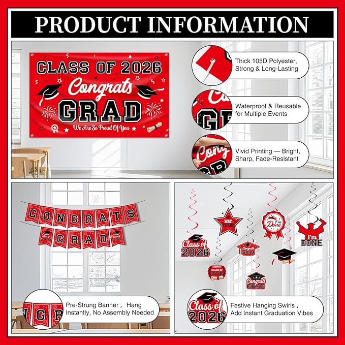 Graduation Decorations Class of 2026 Red and Black Party Decor Set include Congrats Grad Banner Graduation Backdrop Class of 2026 Balloons Party Supplies