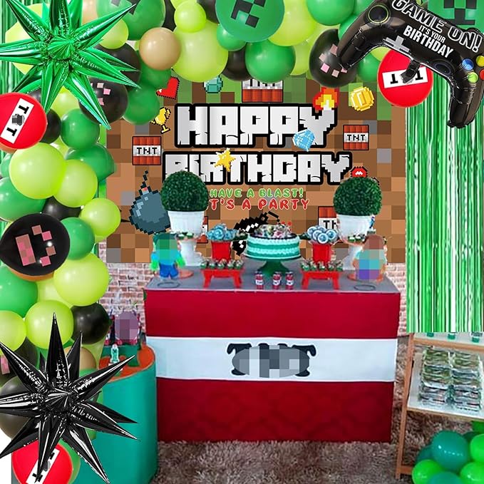 Pixel Game Birthday Party Decorations Supplies, Includes Green Brown Balloon Arch Garland Kit, Backdrop, Controller Foil Balloon, Star foil Balloons for Boys Pixel theme Birthday Party Supplies