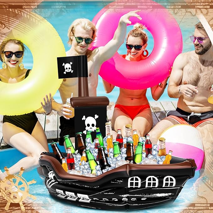 Zhanmai Inflatable Pirate Ship Drink Cooler Inflatable Serving Bar Food Container for Summer Carniva Mardi Gras Pirate Birthday Party Favor Supplies Decorations(Classic Colors,Skull Flag)