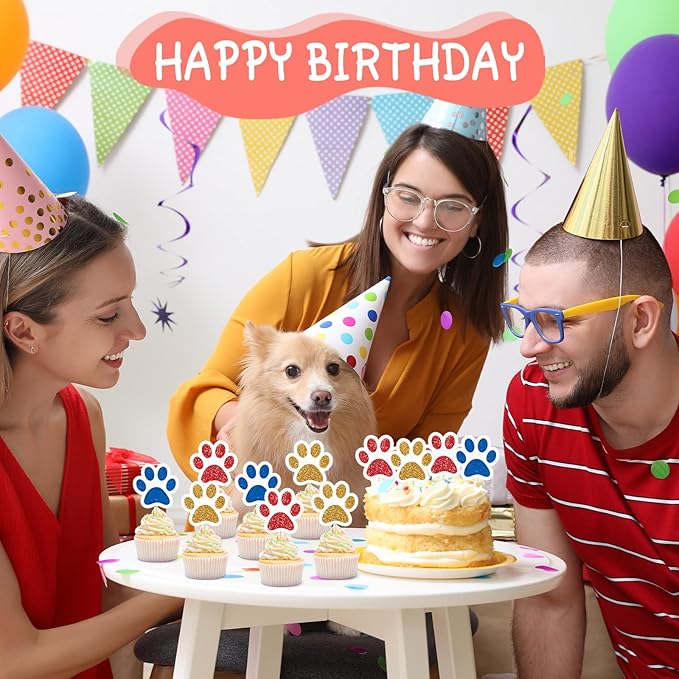 36 Pcs Paw Cupcake Toppers Glitter Dog Paw Cake Decorations 3 Colors Glitter Puppy Cupcake Toppers for Baby Shower Boys Girls Birthday Party Cake Supplies (Red Yellow and Blue)