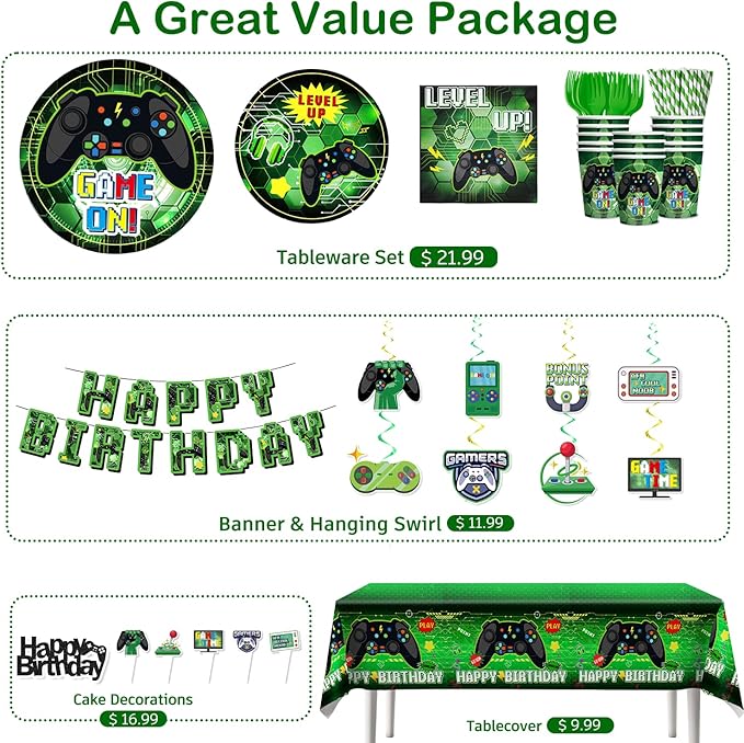 174 Pcs Video Game Birthday Decorations Tableware Set with Plates and Napkins, Serves 25, 2 Tablecloths, Banner, Cake Toppers, for Boys Gamer Birthday Party Decorations, Green