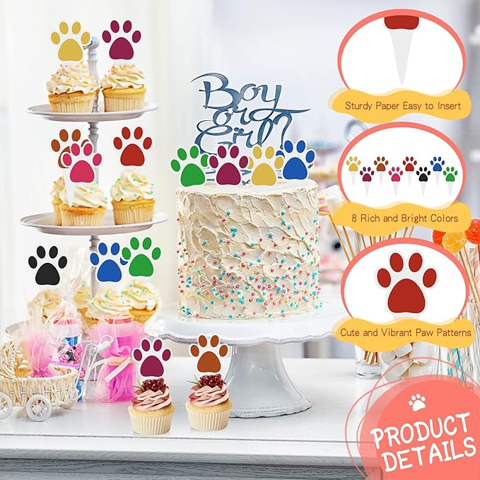 48 Pcs Paw Cake Topper 8 Color Paw Print Cupcake Topper Dog Birthday Party Supplies Dog Pet Puppy Dog Birthday Party Decorations