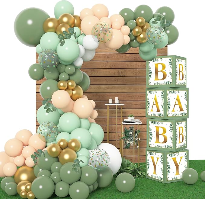 Amandir 145Pcs Baby Boxes Sage Green Baby Shower Decorations, Olive Green Balloon Garland Kit 4 Baby Blocks Gold Letter for Gender Neutral Boy Girl Safari Jungle Birthday Baptism Party Supplies