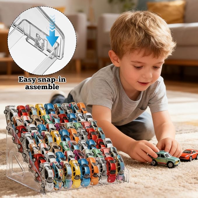 4 Pack 7-Tier Toy Cars Display Shelf for Hot Wheels Display Case Storage Organizer for 1/64 Scale Toy Cars-Hold 63 Toy Cars Clear Model Car Case Holder Container Shelf (Only case)